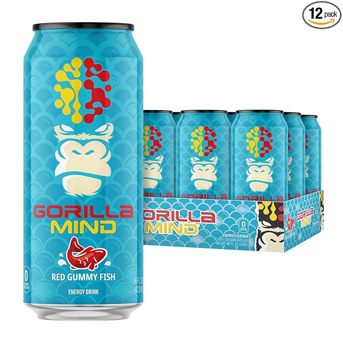 Gorilla Mind Energy Drink | Unmatched Energy · Amplified Focus | N-Acetyl-L-Tyrosine Alpha-GPC 200mg Caffeine Uridine Saffron | 0 Sugar Or Artificial Colors | 16oz 12-Pack (Red Gummy Fish)