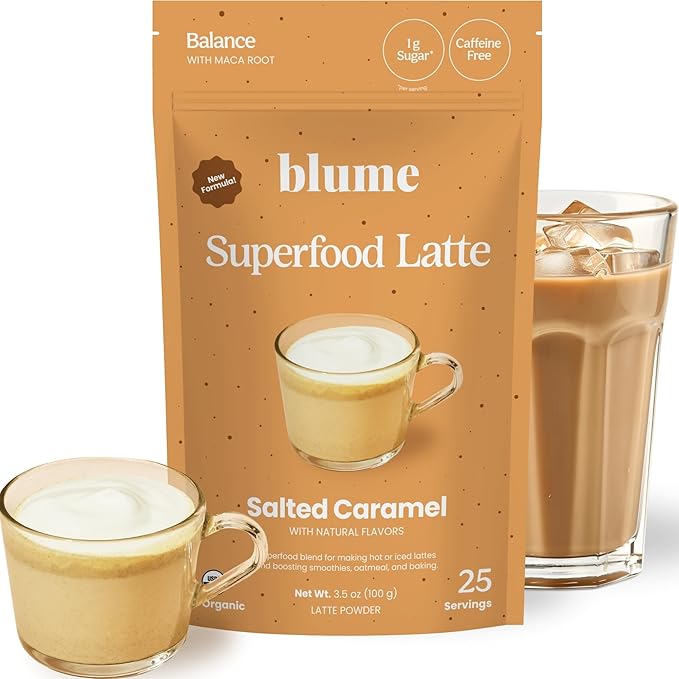 Blume Superfoods Latte - Salted Caramel - Dandelion Root and Maca Powder Pink Himalayan Salt Low-Sugar Inflammation support Organic Vegan And Keto Friendly - 25 Servings