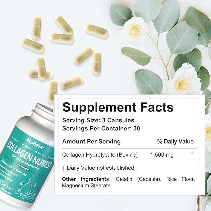 NuBest Collagen Collagen Peptides - Collagen Pills for Adults for Hair Growth Strong Nails Skin Health - Premium Collagen for Hair Vitamin for Nails - 1500 mg Collagen Per Serving - 12 Pack