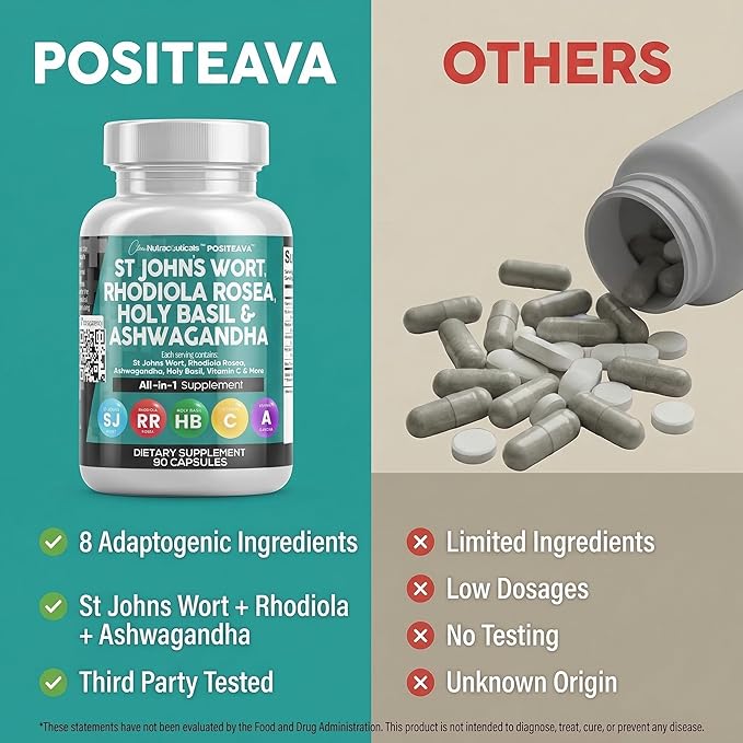 Clean Nutraceuticals St Johns Wort Rhodiola Rosea Holy Basil Ashwagandha - Mood Support for Women and Men with Vitamin C &amp Black Pepper Extract - 90 Caps