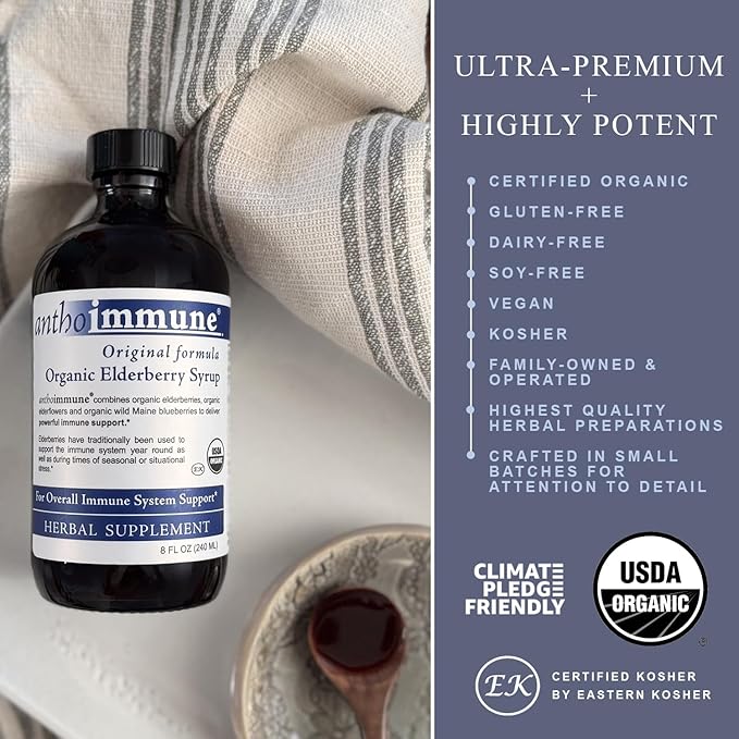 Organic Elderberry Syrup - Anthoimmune - Immune Support Supplement for Adults and Kids- USDA Organic Ultra-Premium Black Elderberry Formula (8 oz) 48 Servings