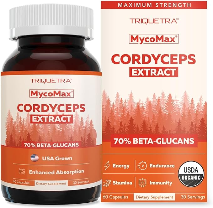 Organic Cordyceps Mushroom Extract - 70% Beta Glucans - Highest Active Nutrient Levels Max Potency Cordyceps Capsules US Grown + Ultrasonic Extraction - Performance Immunity &amp Energy - 60 Capsu