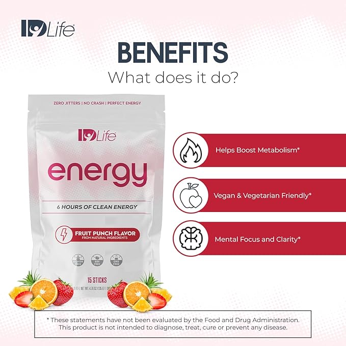 IDLife Energy - Fruit Punch - Sustained Energy Boost with Powder Healthy Drink for Work Gym &amp Daily Use No Jitters or Crash - 15 Sticks per Bag
