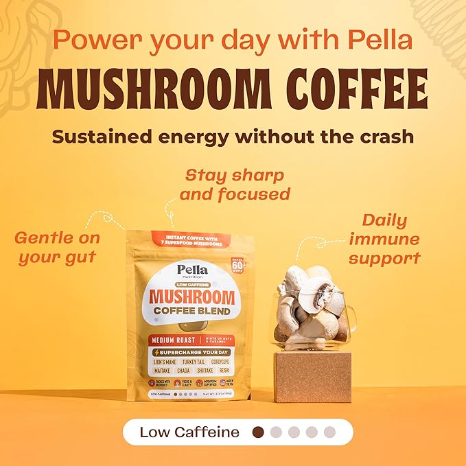 Low-Caffeine Mushroom Coffee (60 Servings) – Superfood Great Tasting Instant Coffee – Includes Lion's Mane Reishi Chaga Cordyceps Shiitake Maitake and Turkey Tail Mushroom Supplement
