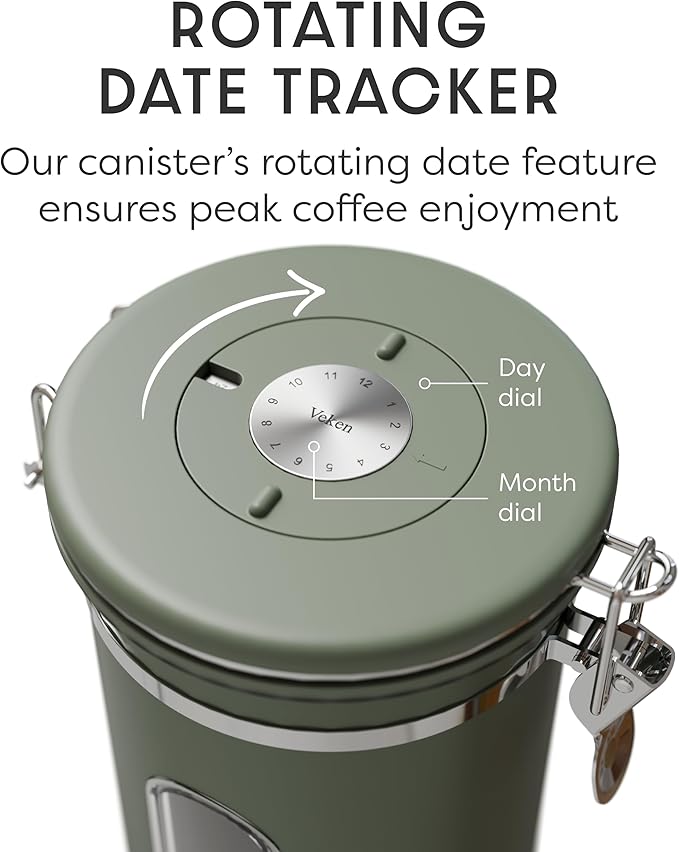 Veken Coffee Canister with Window Easter Gifts Airtight Stainless Steel Container with Lids Home Kitchen Food Storage Jars for Grounds Beans Tea Flour Cereal Sugar Basket Scoop 22OZ Green