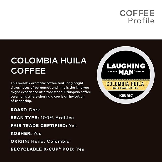Laughing Man Colombia Huila Coffee Single-Serve K-Cups for Keurig Brewers 16 Count