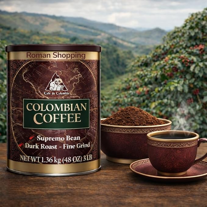 Colombian Dark Roast Ground Coffee – Fine Grind Supremo Beans – 3 lb Can – Inspired by Kirkland – Distributed by Roman Shopping