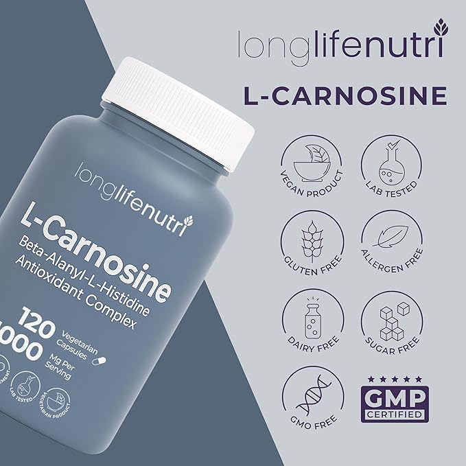 LongLifeNutri L-Carnosine 1000mg - Beta-Alanyl-L-Histidine Supplement for Cellular Energy &amp Brain Clarity 120 Vegetarian Capsules 2-Month Supply GMP Certified Made in USA