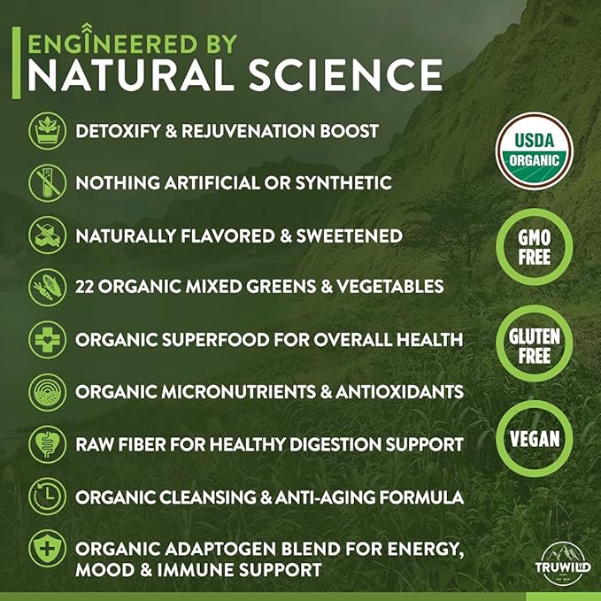 TruWild Greens Superfood Juice Powder with 22+ Greens &amp Anti-Oxidants Natural Immune Stress Digestion Support Powder 90 Servings 3 Pack