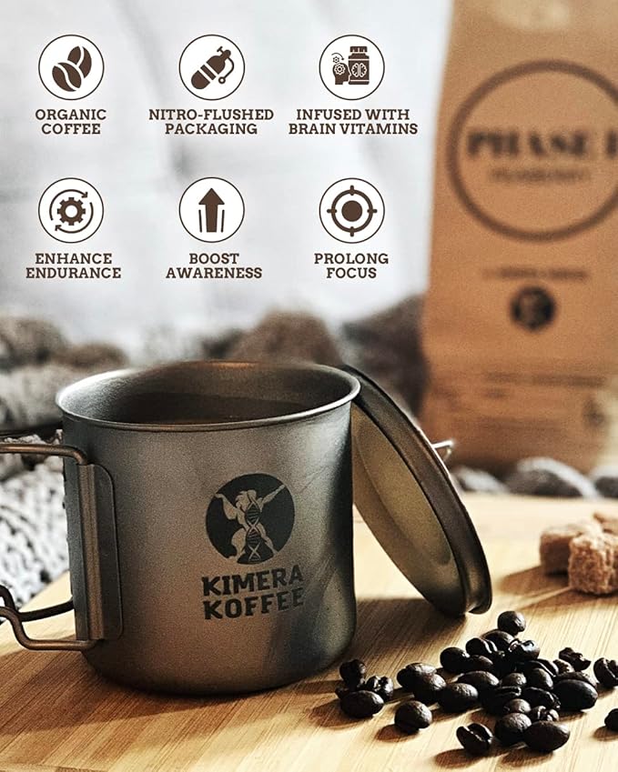 Kimera Koffee - Organic Light Roast Ground Coffee | Focus Blend | Infused with Brain Vitamins | L-theanine | Amplifies Alpha Brain Waves| Enhance Mental Endurance &amp Awareness | 12oz