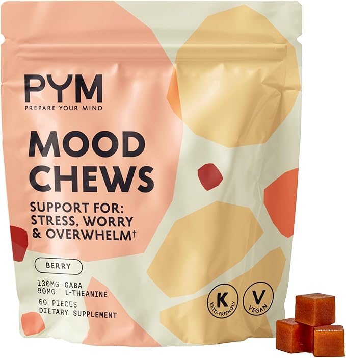 PYM Berry Mood Chews Support for Stress Worry &amp Overwhelm 60 Count | 130mg GABA 90mg L-Theanine | VeganNon-GMO Gluten-FreeNo Added Sugar | All-Natural Mood Balance Supplement in Resealable B