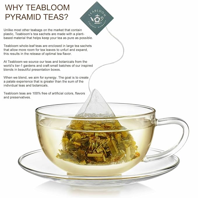 Teabloom Lemon Mint Chamomile Pyramid Tea Presentation Box 12 Herbal Tea Blends Whole-Leaf Pyramid Tea Sachets