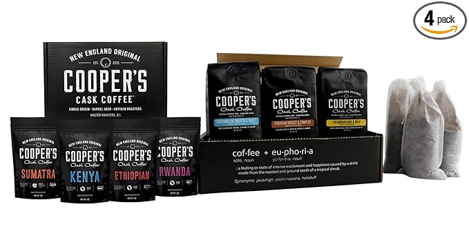 Gourmet Coffee Sampler Gift Box Set - Whole Bean Coffee - 4 Bags 1Lb Total and Cold Brew Coffee Box Set - Colombian Peruvian Guatemalan Ground Coarse for Cold Brew - 6 Filter Bags Included - 1.5 lbs