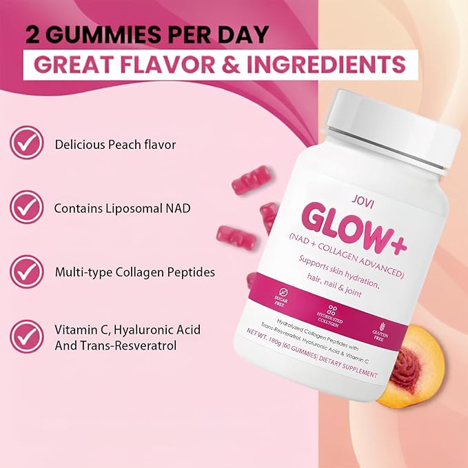 Jovi Nutrition Glow+ NAD+ &amp Collagen GummiesMulti-Type Hydrolyzed Collagen Peptides with Resveratrol Hyaluronic Acid Vitamin C &amp E Skin Hair &amp Nail Nutritional Support