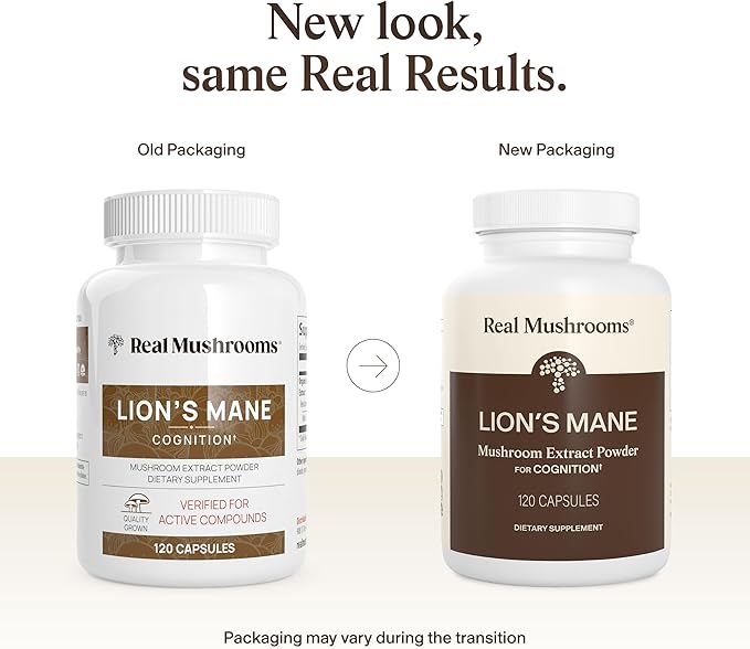 Real Mushrooms Lions Mane Mushroom Cognition (120 Capsules) Lions Mane Mushroom Powder Extract Capsules | Brain Supplement Brain Vitamins Focus Supplement