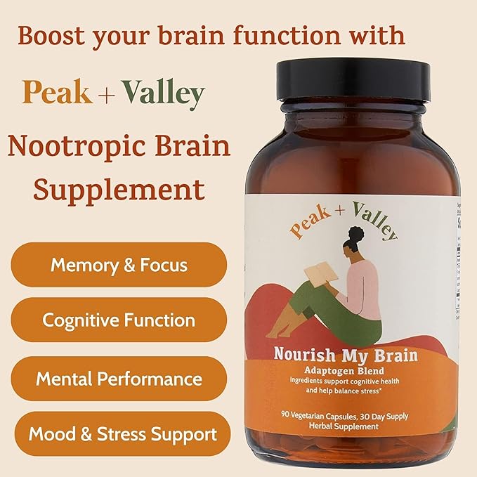 Peak + Valley Nootropic Brain Support Supplement for Memory &amp Focus with Lion's Mane Mushroom &amp Ashwagandha - 60 Ct Adaptogen Capsules - Adults/Seniors - Cognitive Brain Fog Energy Formula