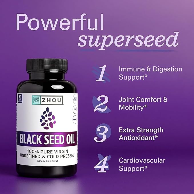 ZHOU Black Seed Oil &amp Capsules - Black Cumin Seed Oil Cold Pressed Pure Unrefined Nigella Sativa Premium Supplement for Health Hair &amp Skin - 8 fl oz Bottle &amp 60 Capsules