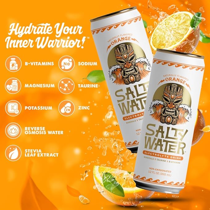 SaltyWater Electrolyte Drink Orange – Zero Sugar Premium Hydration Drink 10 Calories Minerals Taurine B-Vitamins Non-Carbonated - Zero Caffeine Electrolyte Sports Drink - Gluten Free - 12 Pack (