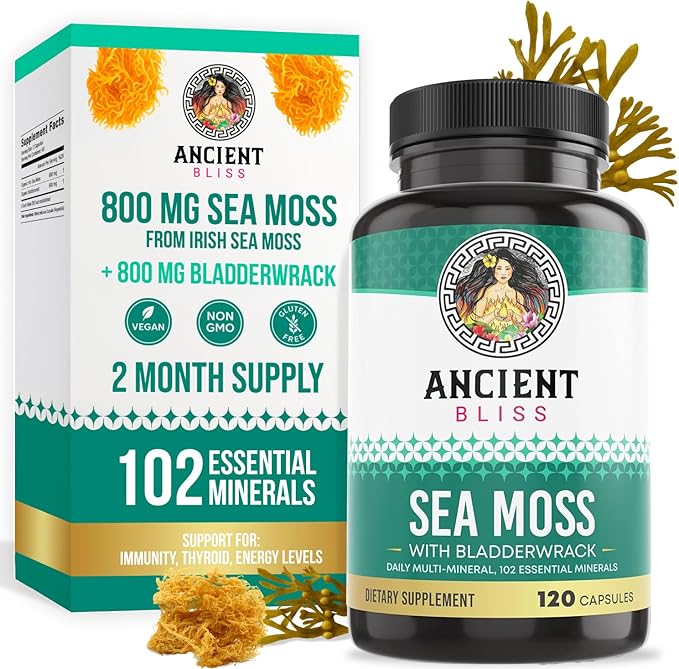 Ancient Bliss Organic Irish Sea Moss Pills - Dr Sebi Wildcrafted Seamoss Capsules | Thyroid Healthy Skin &amp Gut Support | 120 Capsules