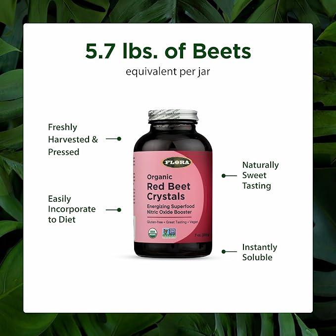 Flora - Organic Red Beet Crystals Energizing Superfood Nitric Oxide Booster Vegan Equals 5.5 lbs. of Red Beets Pressed from Fresh Harvested Organic Beets 7-oz. Powder