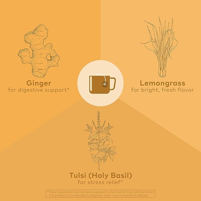 Organic India Tulsi Lemon Ginger Tea Bags - Herbal Tea Stress Relieving &amp Reviving Immune Support Aids Digestion Vegan USDA Certified Organic Non-GMO Caffeine-Free - 18 Infusion Bags 6 Pac