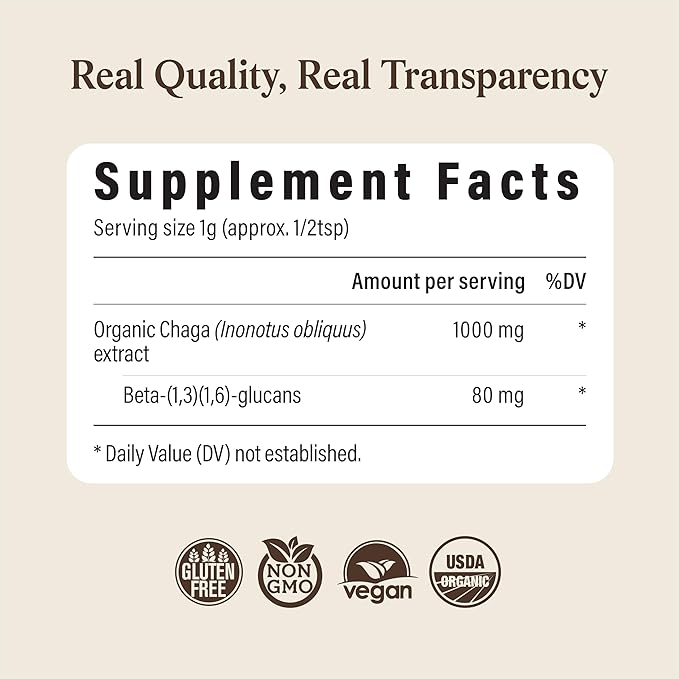 Real Mushrooms Chaga Mushroom Powder – Organic Chaga Extract from Fruiting Body – for Wellness &amp Energy Support – Vegan Non-GMO 150 Servings – Mushroom Supplement for Daily Use