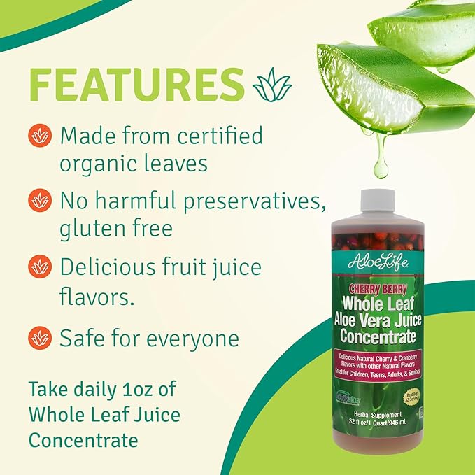 Aloe Life - Whole Leaf Aloe Vera Juice Certified Organic Gluten-Free (Cherry Berry 32 oz)
