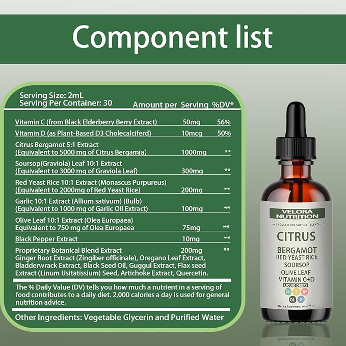 velora Red Yeast Rice Cholesterol Cleans Drops with Citrus Bergamot Red Yeast Rice Soursop Olive Leaf Vitamin C+D Natural Non-GMO Vegan 2 fl oz (2pcs)
