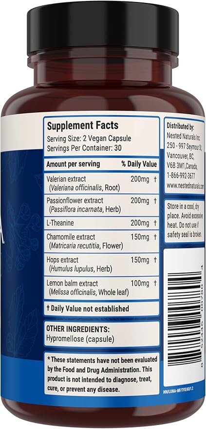 Nested Naturals Luna Melatonin-Free Pack of Two Bedtime Supplement for Adults Herbal Nighttime Sleeping Capsule Valerian Root with Chamomile Lemon Balm Non-GMO Gluten-Free