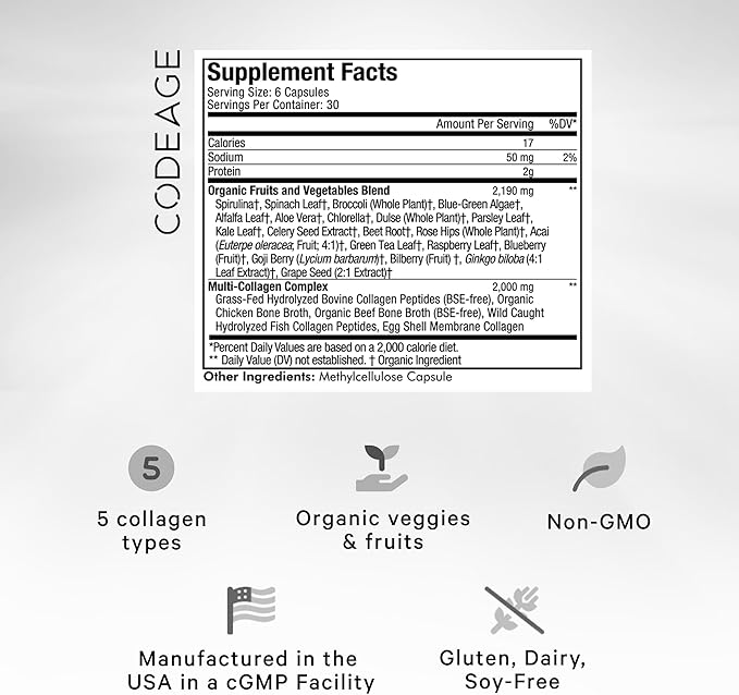 Codeage Multi Collagen Protein + Organic Raw Greens Superfood Capsules Supplement 21 Fruits &amp Veggies Grass-Fed Hydrolyzed Collagen Peptides 5 Types All-in-One 180 Count