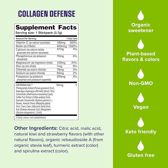 Ultima Replenisher Collagen Defense Supplement and Electrolytes Powder - Kiwi Strawberry 13 Stickpacks - Hydration Packets with Dermaval and Biotin that Keep Your Skin Hydrated and Looking Radiant