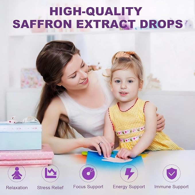 Liposomal Saffron for Kids &amp Adult Organic Saffron Extract Liquid Drops with Holy Basil Rosemary L-Theanine for Stress Focus Energy Support Eye Health Vegan Strawberry Flavor 4 FL OZ