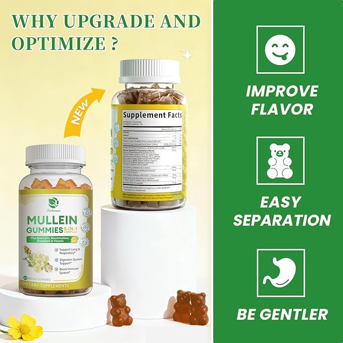(2 Pack) 9 in 1 Mullein Gummies for Lung Cleanse &amp Lymphatic Drainage* Extra Strength Mullein Leaf Extract w/Quercetin Bromelain Elderberry &amp Marshmallow for Respiratory &amp ImmunityVega