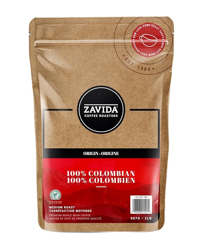 Zavida Coffee 100% Colombian Whole Bean 907 Grams 2 Pounds 1 Bag