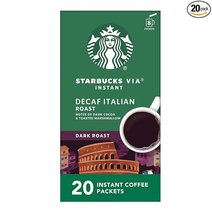 Starbucks VIA Instant Coffee Dark Roast Coffee Decaf Italian Roast Arabica Beans Single-Serve 1 Box (20 Packets)