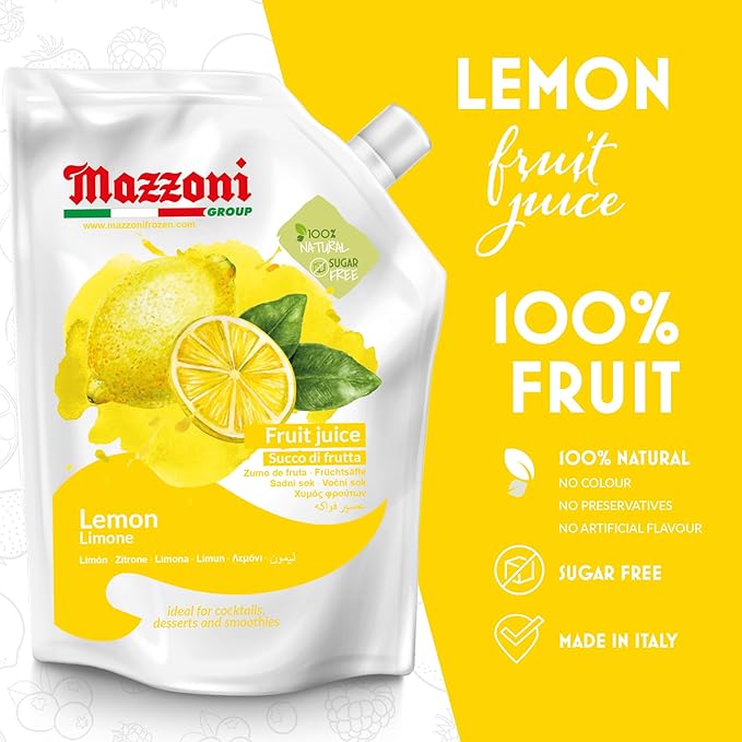 Mazzoni - Lemon Juice 100% Pure Lemon Just Juice No Sugar Added Not from Concentrate No Added Ingredients Mixer for Cocktails Drinks Smoothies – 2.2 lb Convenient Pouch Made in Italy