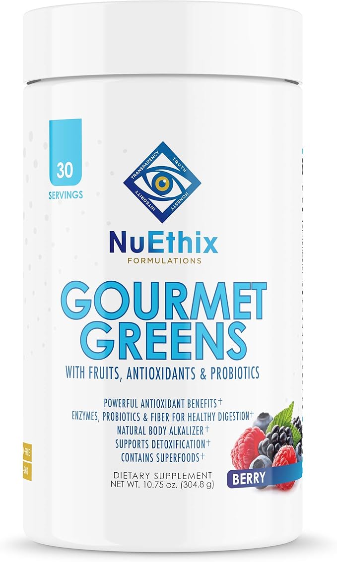 NuEthix Formulations Gourmet Greens Drink Powder Dietary Supplement with Fruit and Vegetable Superfoods and Probiotics Berry 30 Servings