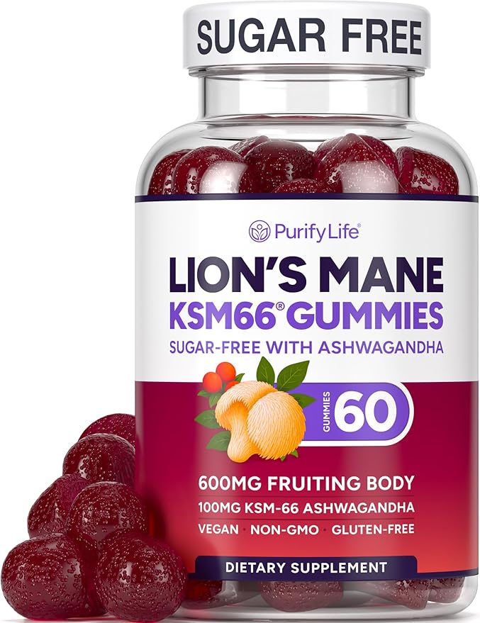 Sugar Free Lions Mane Supplement Gummies with KSM-66 Ashwagandha - Nootropic Supplement for Cognition Brain Fog Mental Clarity Focus &amp Stress Support - Natural Berry Flavor Vegan Made in USA