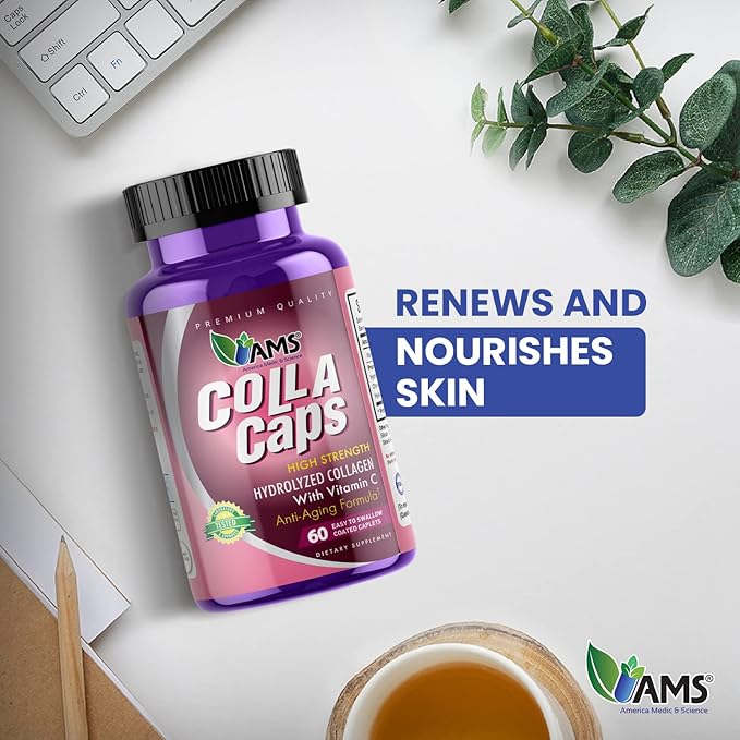 America Medic &amp Science Colla Caps (60 Caplets) | Collagen and Hyaluronic Acid Supplement with Vitamin C | for Men and Women | Repairs and Restores Skin Elasticity | Promotes Healthy Hair Growth