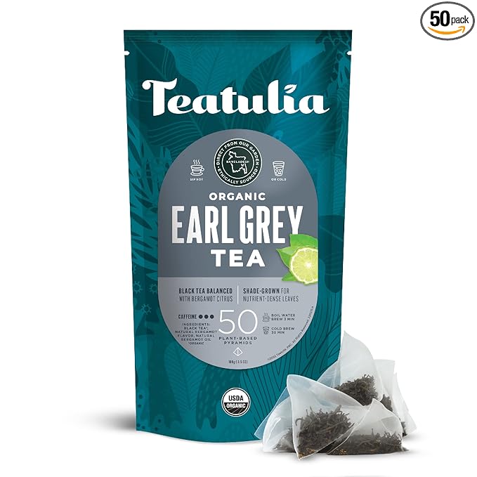 Teatulia Organic Earl Grey Tea Bags (50 Pyramid Sachet Teabags) Whole Leaf Flower 100% Compostable Black Tea + Bergamot Citrus Sustainably Grown In Bangladesh