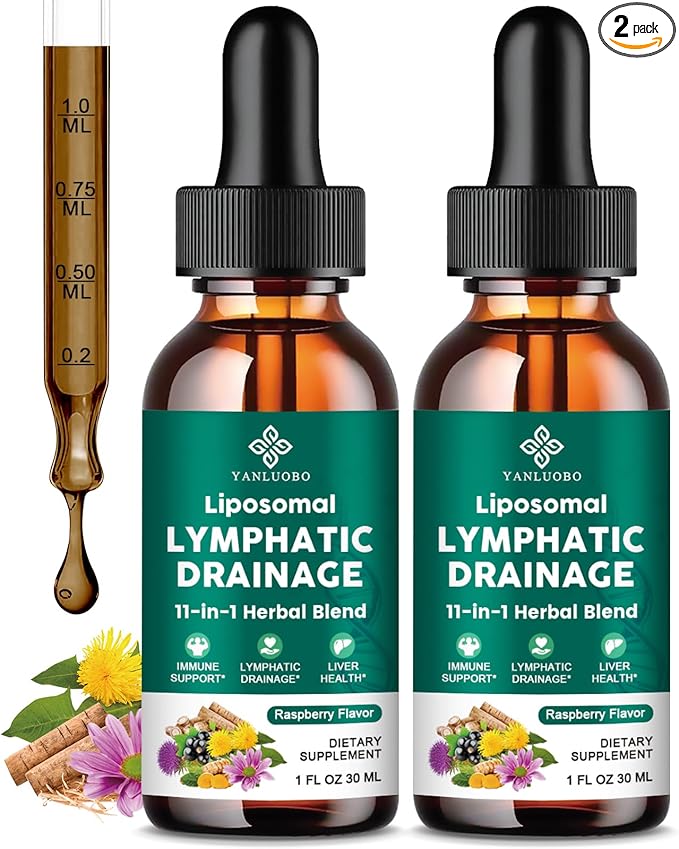 Lymphatic Drainage Drops - 11 in 1 Lymphatic Supplement for Immune Lymph System &amp Liver Detox - with Echinacea Horse Chestnut Dandelion Elderberry &amp Burdock - Raspberry Flavor Vegan 2 Fl