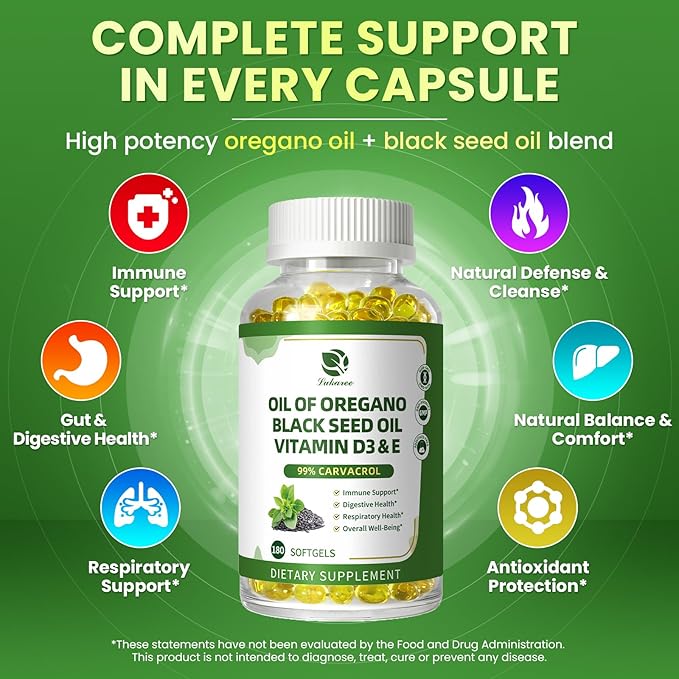 Organic Oregano Oil Capsules with Black Seed Oil Ultra-Concentrated 99% Carvacrol 5-in-1 with Vitamin D3 E Black Pepper Immune Respiratory Digestive &amp Antioxidant* 180 Softgels Easy to Swal