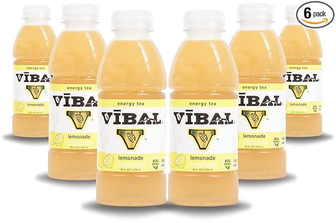 VIBAL ENERGY TEA Lemonade 16 Fl Oz 6-Pack Natural Energy High Caffeine Ginseng Theanine Low Sugar Low Carb Low Calorie Adaptogens Nootropics