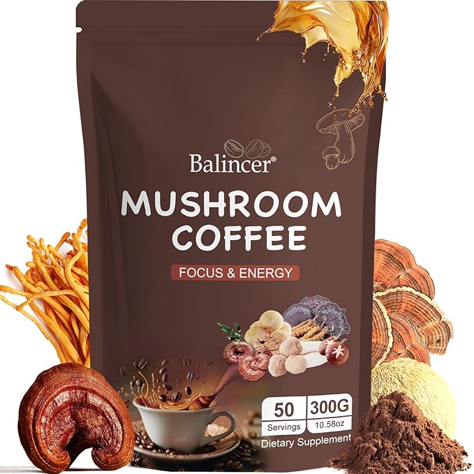 Mushroom Coffee 6 Adaptogenic Mushrooms (Lion's Mane Cordyceps Turkey Tail &amp Other) Mixed with Premium Instant Coffee for Focus Energy Immune and Gut Health Support 50 Servings
