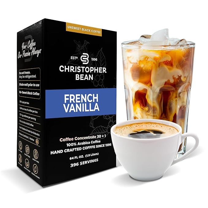 Christopher Bean Coffee - 396 servings 30 to 1 Blend Bag in Box Liquid Instant Coffee or Cold Brew Coffee Concentrate - Hot or Iced Coffee - French Vanilla