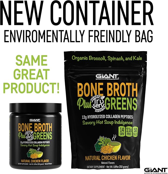 Giant Sports Bone Broth Collagen Plus Greens | Organic Super Greens Powder + Delicious Collagen Protein Powder Mix | Paleo and Keto Friendly | Natural Chicken Flavor 14 Servings