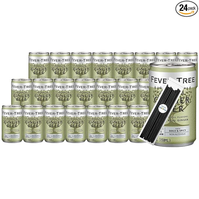Fever-Tree Ginger Beer Premium Mixer 5.07 fl oz Aluminum Cans 24 Pack + 20 Plastic Stirrer Sticks by KOOL8SHOP Infinite Deals