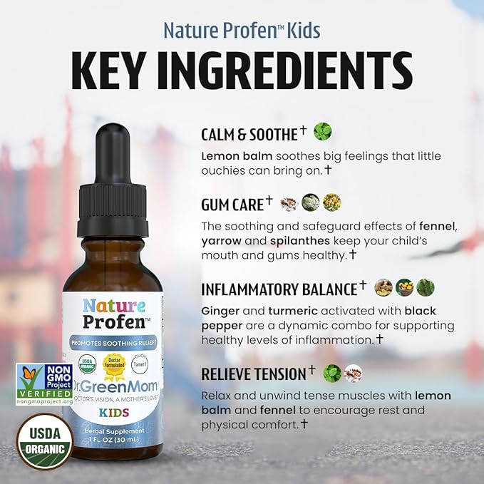 Dr. Green Mom Nature Profen Natural Relief for Infants &amp Kids | USDA Organic Herbal Drops for Teething Growth Spurts and Occasional Discomfort | Natural Child &amp Baby Comfort Aid