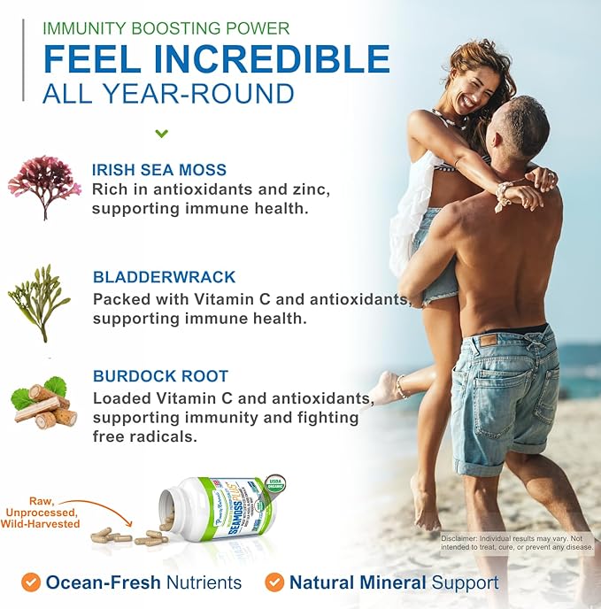 Power By Naturals Sea Moss Plus - USDA Certified Organic Wildcrafted Irish Seamoss Bladderwrack &amp Burdock Root Supplement for Immunity 60Ct 2 Pack