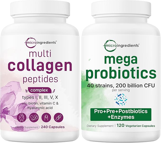 Micro Ingredients 8-in-1 Multi Collagen Pills &amp Mega Probiotics 200 Billion CFU Veggie Capsules | 2 Pack Bundle | Hydrolyzed Peptides + Hyaluronic Acid &amp Vitamin C | 40 Strains + Inulin &amp